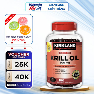 Dầu nhuyễn thể Kirkland Signature Krill Oil 500mg Omega 3 + Astaxanthin hỗ trợ tim mạch, giảm nguy cơ đột quỵ, nhồi máu