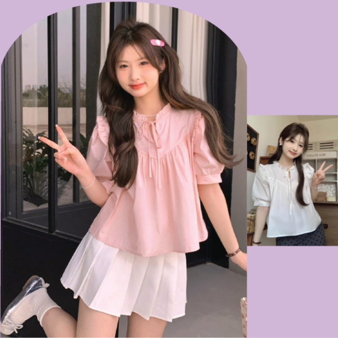 Áo babydoll ngắn tay bèo cổ buộc nơ thân trước bổ cúp V bồng nhún phong cách Hàn Quốc có bigsize M1019 | BigBuy360 - bigbuy360.vn