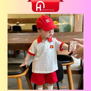 Set 3 chi tiết áo polo cờ đỏ sao vàng kèm quần và mũ lưỡi trai đỏ cho bé - HNOrderChina
