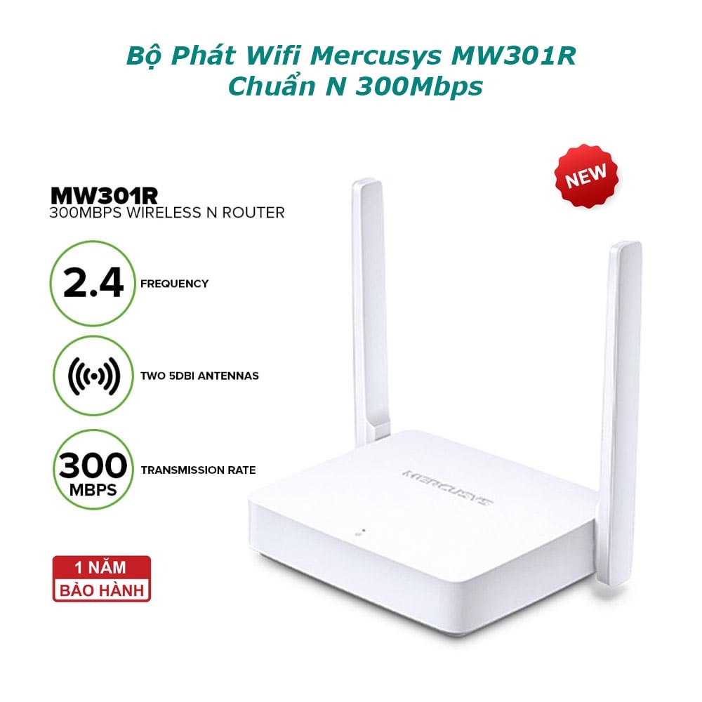 Bộ phát WiFi 2 Râu Mercusys MW301R chuẩn N tốc độ 300Mbps 2 Râu, nhỏ gọn, tiện lợi,có 2 cổng LAN
