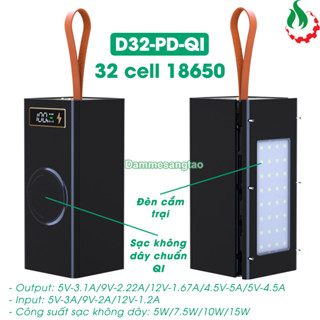 Sạc dự phòng 80000mah 32 cell 18650 sạc nhanh 22.5W - Qi 15W  D32-PD-QI   Dung lượng thật  