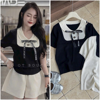  Áo polo len mongtoghi nữ cộc tay chữ Miu nơ ngực tiểu thư bánh bèo hàng QC kèm ảnh thật video 
