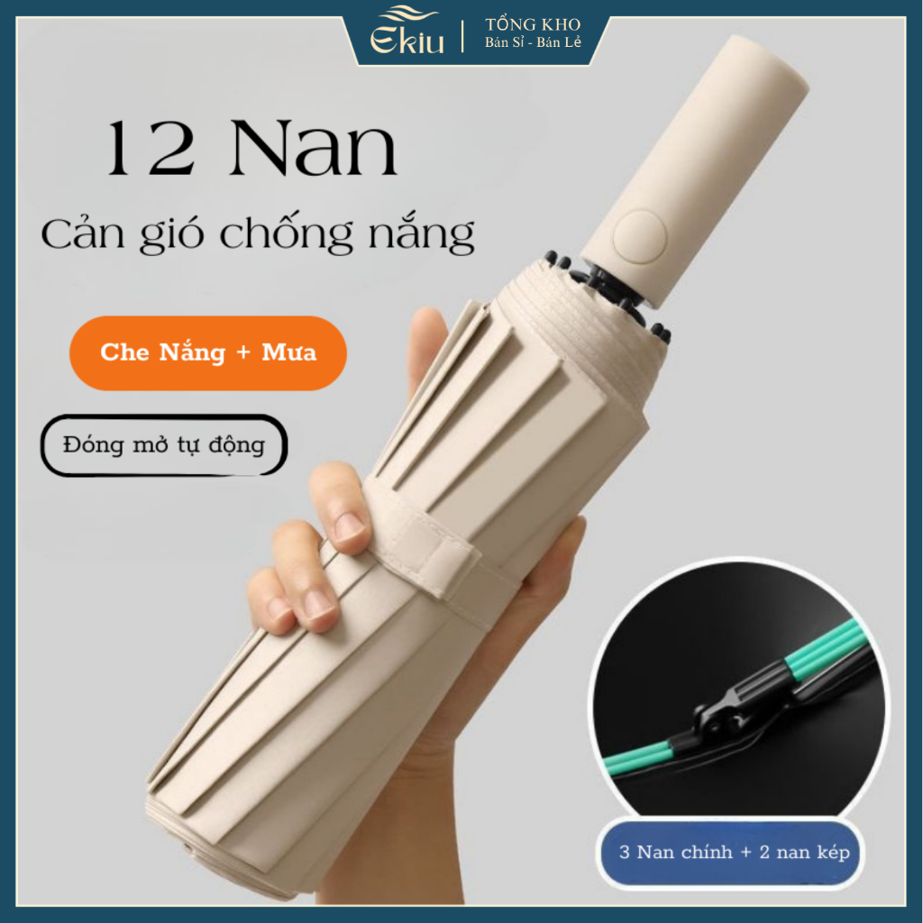  Ô dù che mưa che nắng 12 nan dẻo gấp gọn tự động,chất liệu Polyester chống UV & chống nước cao cấp - Ekiu Shop 