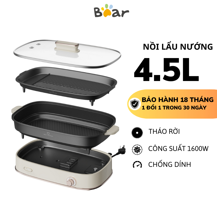 Nồi lẩu nướng điện 4.5L đa năng Bear DHG-D45G5 (SB-NL45K), Chống dính, Tháo rời, Bảo Hành 18 Tháng