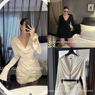 Set váy đầm cổ đổ chữ V, áo lụa cổ đổ dài tay, chân váy đính nơ thiết kế cao cấp sang chảnh dự tiệc cưới, sự kiện bar