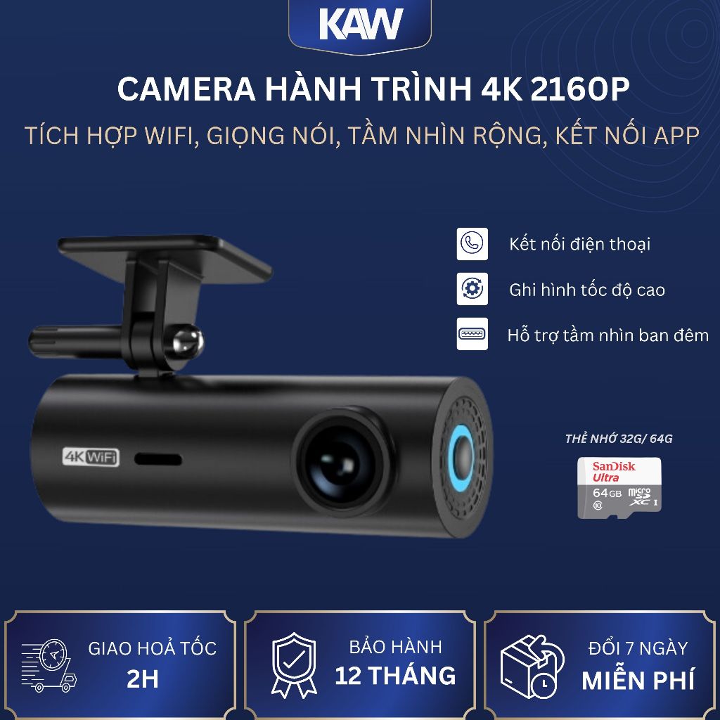  Camera Hành Trình Ô tô 4K Ultra HD 2160P Kết nối App điện thoại Wifi Nhỏ gọn Ghi Hình Sắc Nét 
