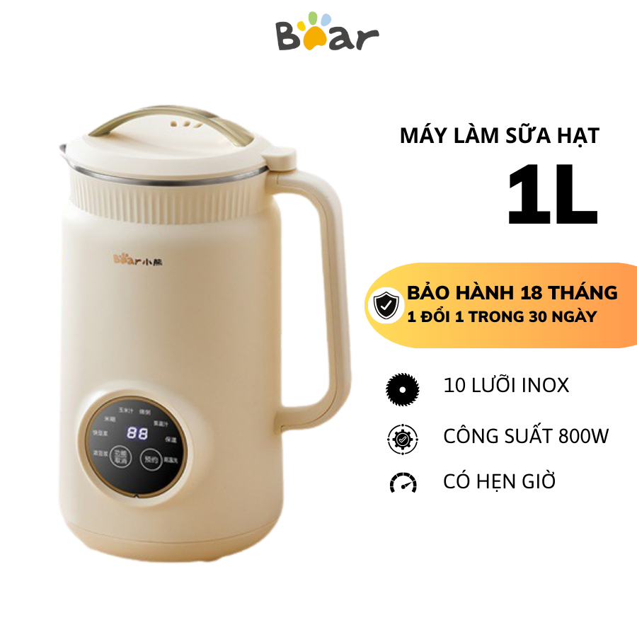Máy làm sữa hạt 1L Bear DJJ-D06X3, CS 800W, 8 chế độ, Lưỡi dao 10 cánh, Hẹn giờ, Bảo Hành 18 Tháng