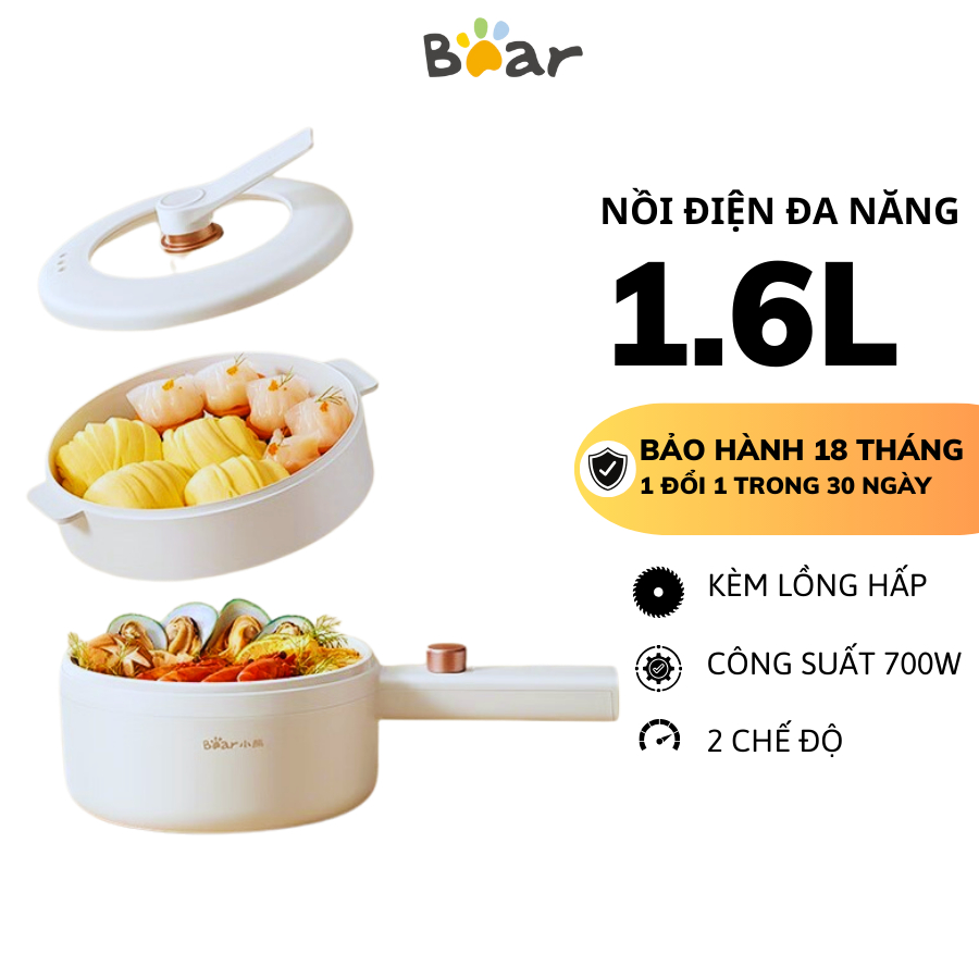 Nồi Điện Đa Năng Dung Tích 1.6L Bear DRG-P16M2, Kèm Lồng Hấp, Chống Dính Cao cấp, Bảo Hành 18 Tháng
