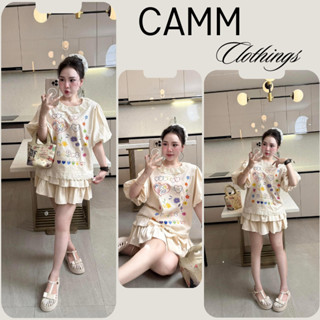 Set đồ nữ, đồ bộ nữ áo phông cổ tròn viền ren tay bồng in họa tiết hoạt hình phối chân váy ngắn xếp ly 2 tầng HCOM25309