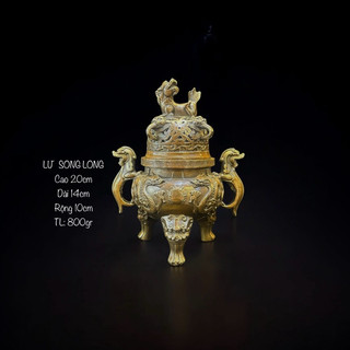 Lư song long tranh châu cao 20cm- xông trầm bằng đồng
