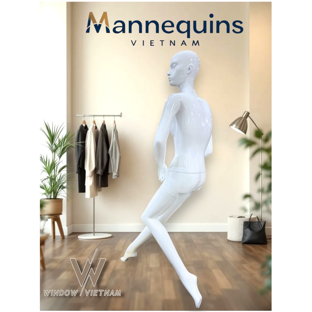 Manocanh thời trang Nữ, dáng ngồi dựa phía sau, chân duỗi, shop thời trang, chất liệu nhựa, màu trắn