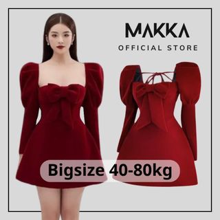 Váy dài tay nữ MAKKA chất liệu nhung bigsize dáng xòe thiết kế tay bồng phối nơ 5516