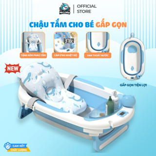 Chậu Tắm Cho Bé, Thau Tắm Gấp Gọn Cho Bé Có Nhiệt Kế, Kích Thước Lớn Kèm Phao Tắm, Kệ Để Đồ Tiện Lợi