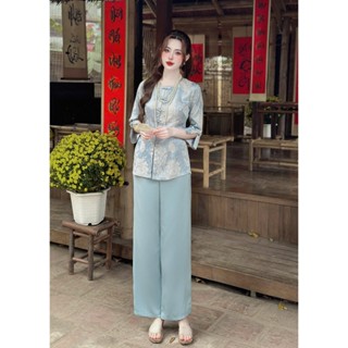 Bà ba nút tàu tay lỡ  Áo gấm phối quần lụa Hàn Lạnh LADY-Đồ ngủ xinh xinh diện vào là lung linh