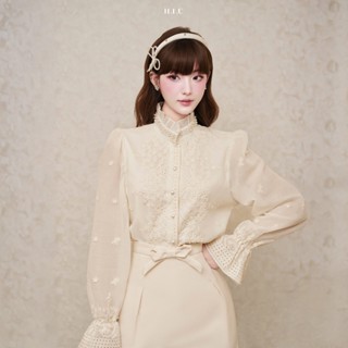 Emer Top | Áo Sơ mi nữ thiết kế cổ điển đính ngọc H.I.U Fashion | chất liệu thô vân hoa cao cấp sang trọng HIU design