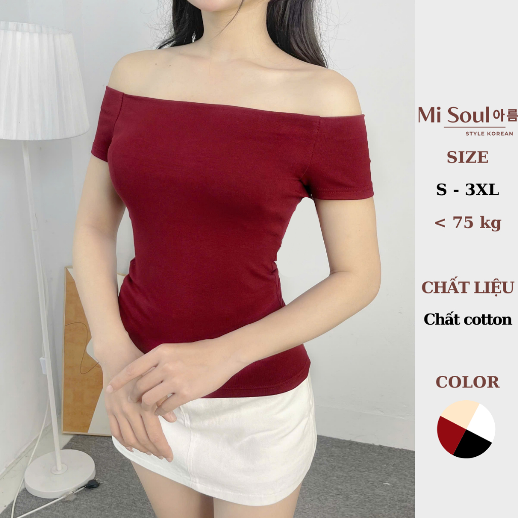 Áo Thun Cotton Nữ Trễ Vai Cộc Tay Dáng Ôm  Basic BigSize, Áo Trễ Vai Trơn MiSoul 394