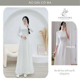 Áo dài học sinh màu trắng kem truyền thống 2 tà lụa mỹ cổ vuông 2cm tay lỡ - Áo dài cô ba