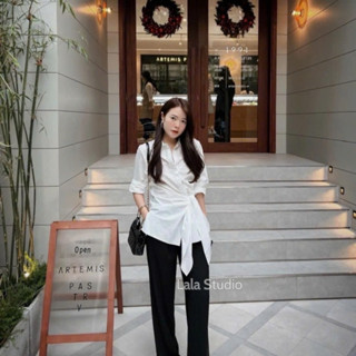 THELIMON•LALASTUDIO• Áo sơ mi trắng cách điệu xoắn eo cao cấp, áo sơ mi cách điệu chất thô cao cấp phong cách sang chảnh