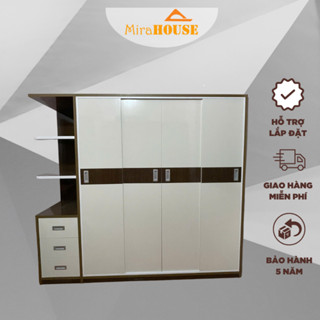 Tủ 4 Cánh Lùa Kèm Kệ Trang Trí Nhựa Đài Loan Cao 1m85 dài 2m05 sâu 51cm. Miễn phí giao hàng lắp đặt