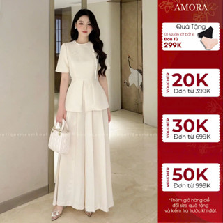 Set đồ nữ màu trắng dáng cổ tròn mix quần ống rộng xếp ly, set quần áo nữ công sở thanh lịch A0161