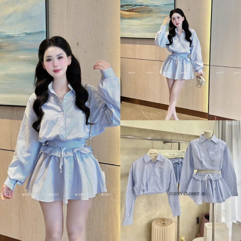 Sét Sơ Mi Kẻ Dài Tay Dáng Croptop Kèm Chân Váy Kẻ Tầng Xòe Xếp Ly Size S M - Halinh Shop