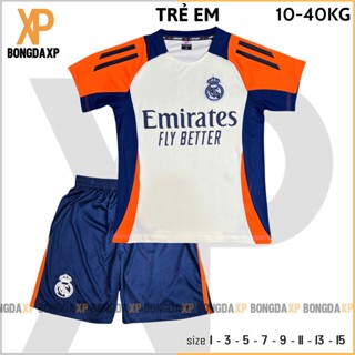 Áo Đá Bóng Trẻ Em Real Madrid Kem Cam 2025, Đồ Đá Banh Trẻ Em Vải Thun Lạnh Cao Cấp