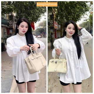  HV -Áo Sơ Mi Trắng Cổ Trụ Viền Ngọc Dài Tay Phối Ly Ngực Form Babydoll Size S M Áo Sơ Mi Cổ Ngọc Xếp Ly Ngực 