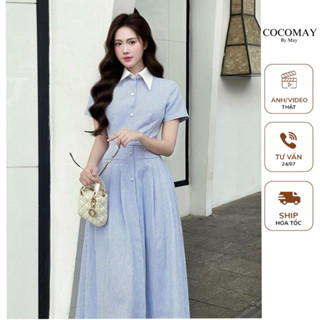 OCOMAY Đầm kẻ sọc linen xanh phối cổ đức trắng nút midi Nữ Women Váy Dress