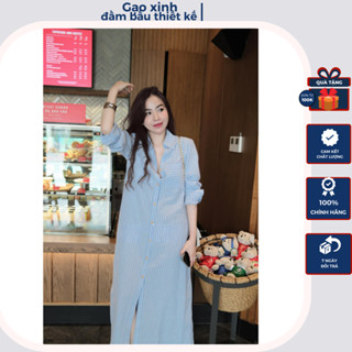 Váy bầu maxi mùa hè , đầm bầu thiết kế công sở sơ mi kẻ sọc tay dài thanh lịch nhẹ nhàng che khuyết điểm cực tốt