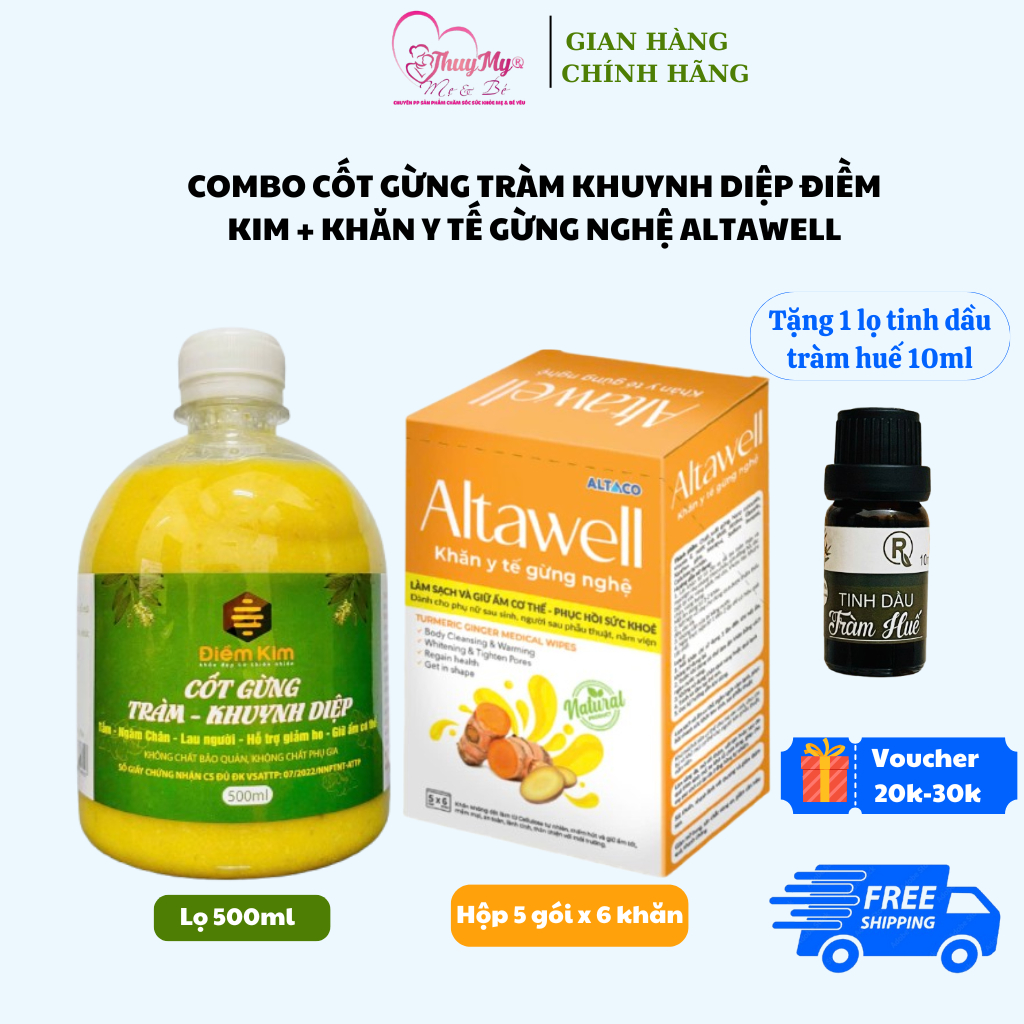 Combo Khăn Y Tế Gừng Nghệ Altawell và Cốt Gừng Tràm Khuynh Diệp Điềm Kim Làm sạch,giữ ấm mẹ sau sinh
