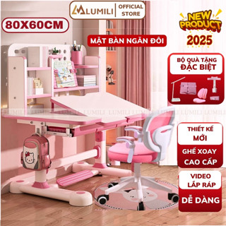 Bàn học trẻ em chống gù Lumili E13, bàn ngồi học cho bé kèm ghế xoay cao cấp,có kệ sách,mặt bàn đôi