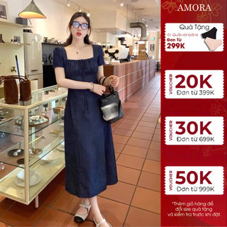 [ Mua 2 Giảm 15%] Đầm denim cổ vuông dáng dài xẻ hông phong cách nhẹ nhàng đi du lịch Amora_A113