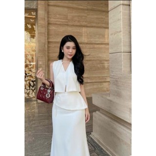 Set Áo cổ V không tay buộc dây đính ngọc chân váy dáng suông A vạt chéo dài cho nữ V22