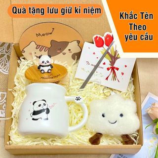 Set Quà Tặng Cốc ly sứ Gấu trúc KHẮC TÊN THEO YÊU CẦU nắp gấu đáng yêu kèm thìa dung tích 480ml dùng hàng ngày, quà tặng