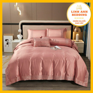 Bộ chăn ga gối lụa thêu Dior cao cấp sang trọng 6 món có ruột mền