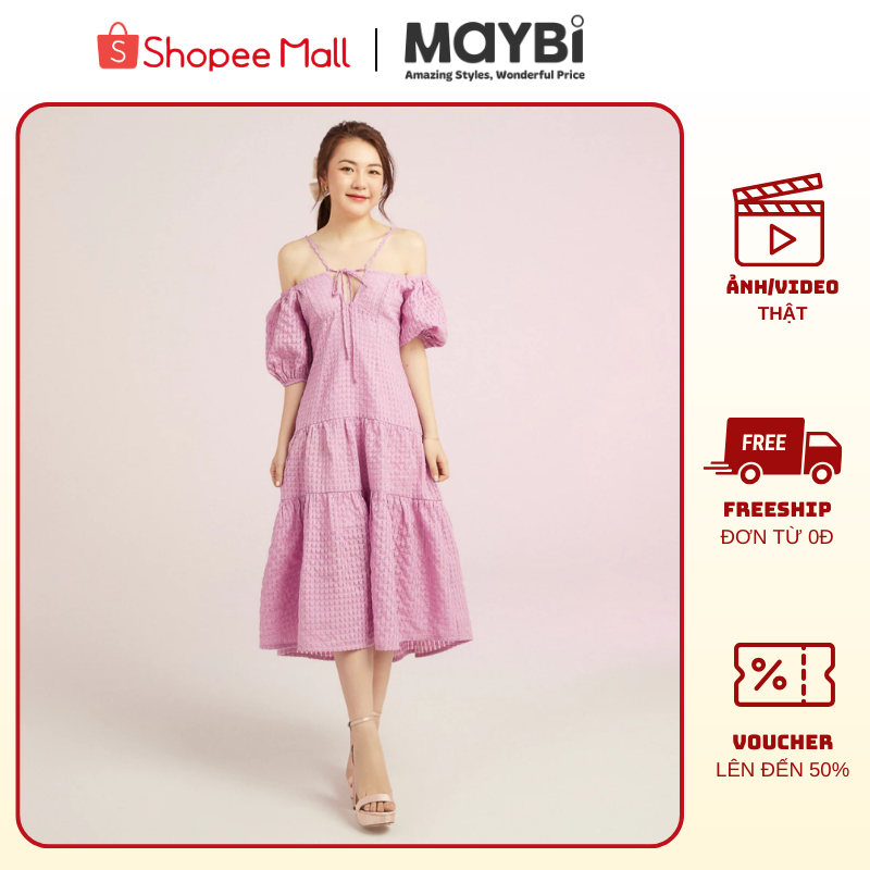 MAYBI Đầm Babydoll Dáng Dài Tay Ngắn, Thiết Kế Xếp Tầng Nữ Tính, Vải Xốp Nhẹ Nhàng