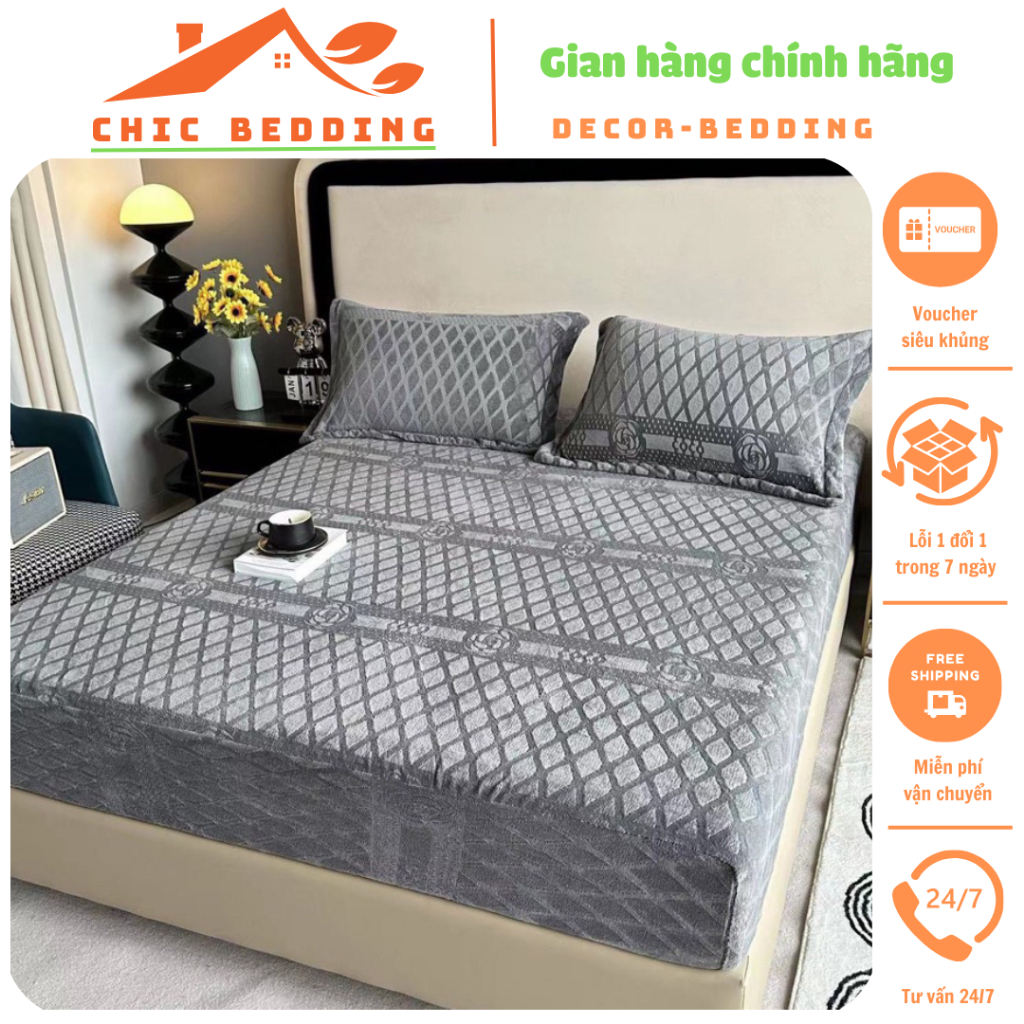 Bộ ga gối nỉ tuyết COCO dập vân 5D siêu ấm cho mùa đông, Bộ 3 món ga giường vỏ gối nỉ nhung sữa chất liệu mềm mại