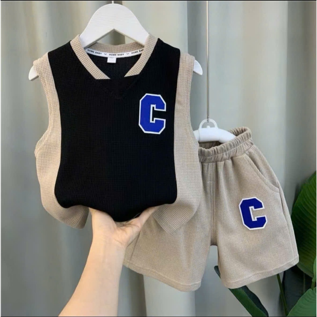 7/2 BỘ QUẦN ÁO CHỮ C PHỐI MÀU BA LỖ CỔ TIM CHẤT LIỆU TĂM TỔ ONG CHO BÉ 8-18KG