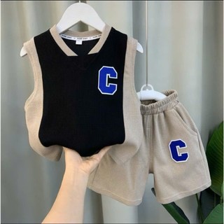 7/2 BỘ QUẦN ÁO CHỮ C PHỐI MÀU BA LỖ CỔ TIM CHẤT LIỆU TĂM TỔ ONG CHO BÉ 8-18KG