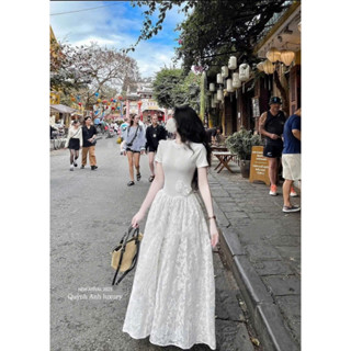 Đầm váy côc tay ren đính hoa eo dáng maxi co dãn nhẹ 2 màu trắng đen thiết kế TỰ MAY LẠI, Đầm ren cộc tay lipu