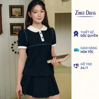  Set Áo Ngắn Tay Dáng Lửng Cổ Sen Trắng Đính Cúc   Và Chân Váy Dáng Chữ A Xanh Đen Danna Set 