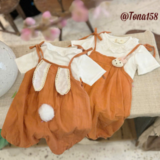 Set Yếm Quần Dài Vải Thô Đũi Gắn Tai Thỏ Kèm Áo Tăm Gân Cộc Tay Cổ Ren Cho Set Yếm Cho Bé Gái Từ 6-16kg TN158 - C02