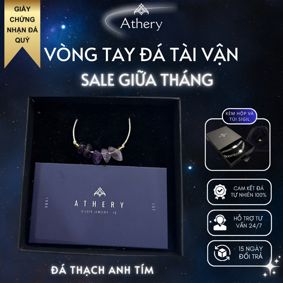 Vòng tay Tài Lộc Hệ Thổ Đá Thạch Anh Tím - Kết nối năng lượng - Athery đá tự nhiên - Trang sức Phụ k