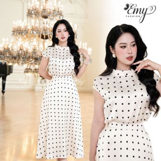 Áo EMY A9470 Lụa Ý Kem Chấm Bi Cổ Lọ Sát Nách