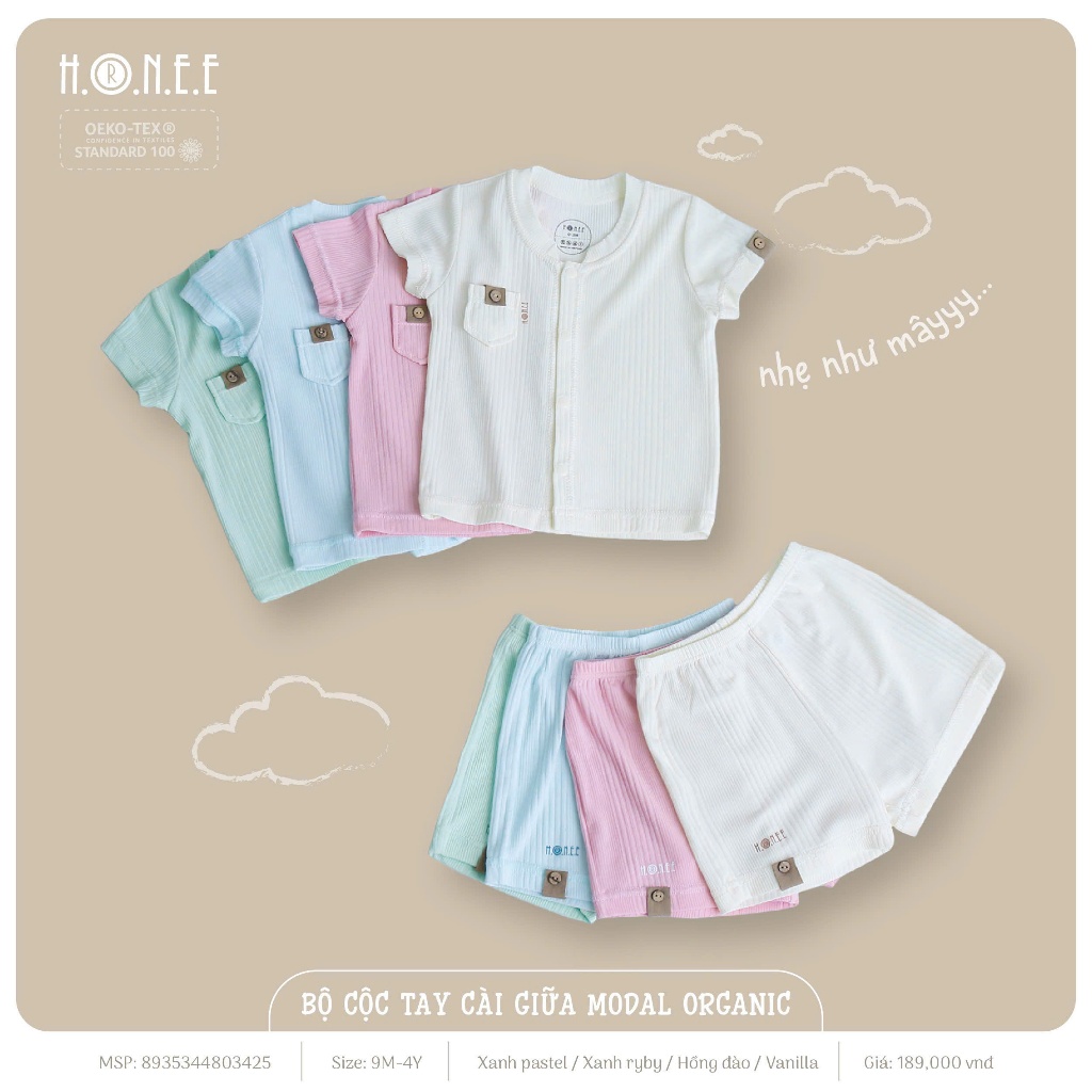 Bộ sơ sinh cài giữa cộc tay Modal Organic Hrnee cho bé trai bé gái