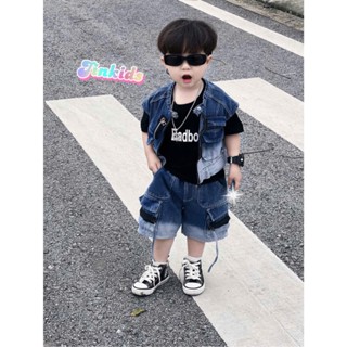 (JINKIDS) Bộ 3 chi tiết áo khoác gile vai chờm +quần jean mềm kèm áo thun cotton cho bé trai từ 9 - 30kg