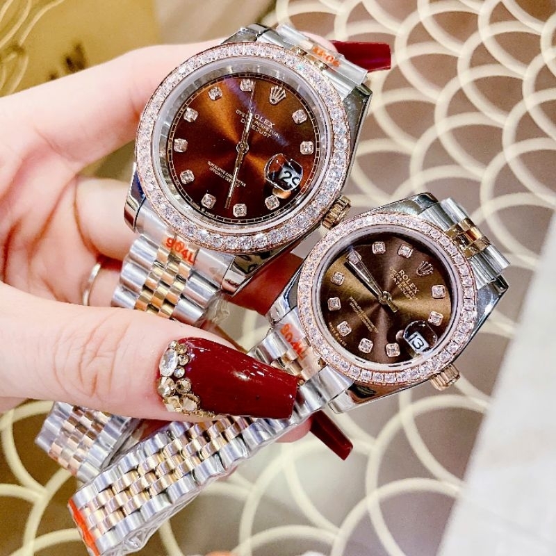 [Full box] Đồng hồ đeo tay, đồng hồ ROLEX cặp đôi nam nữ mặt nâu tây sôcôla siêu sang chảnh, quà tặng đẳng cấp giá rẻ