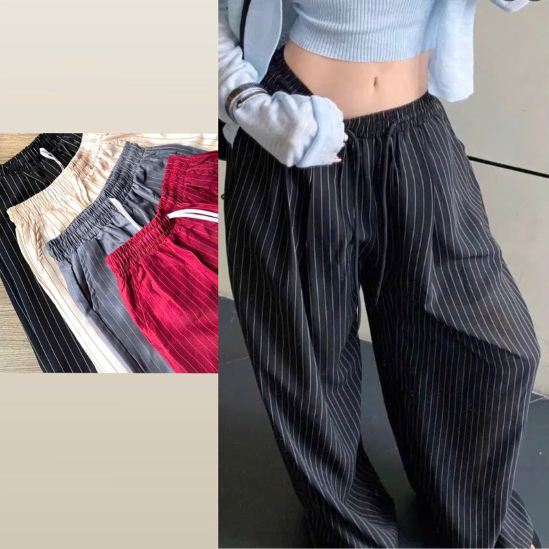 quần kẻ sọc chỉ ống suông rộng hack dáng đủ size dễ bận chất vải mịn mát