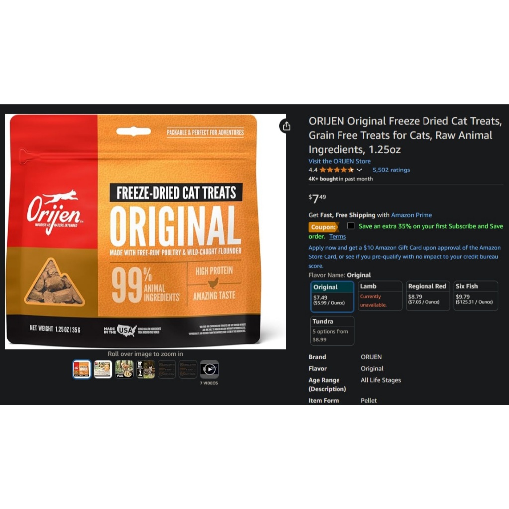 (NGUYÊN SEAL) ORIJEN REGIONAL RED Freeze-Dried Thịt Rừng tươi sống sấy lạnh cho MÈO(35g)