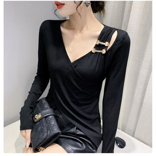 Áo Thun Nữ Dài Tay Cúc Mở Dáng Ôm Body Đơn Giản Dành Cho Mùa Thu, Áo Thun Tăm Ôm Basic, Áo Thun Tăm Thỏ Xanh .